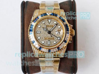ROF Swiss Replica Rolex GMT Master II Yellow Gold Watch Diamond Dial Blue Sapphire Bezel 40MM